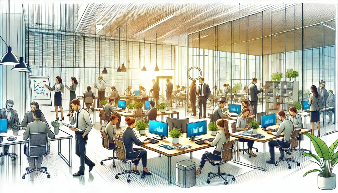 オフィス内で働く社員たちの様子を描いてください。社員がデスクで仕事をしているシーン