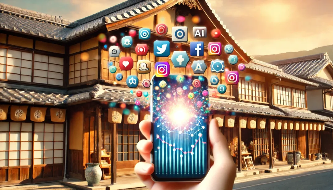 デジタルデバイスと伝統的な商店が融合したイメージ。スマートフォンの画面から飛び出すデジタルアイコンと和風商店