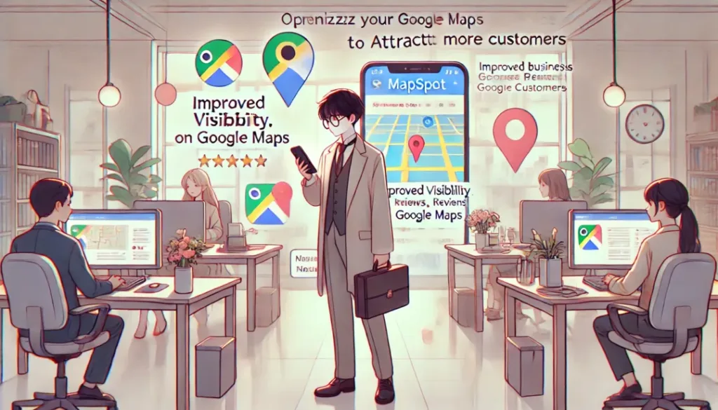 「MapSpot」というGoogleマップの最適化で集客をお手伝いするサービスのイメージイラスト