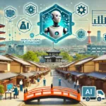 京都の伝統的な街並みを背景に、AI技術を活用して業務を効率化している中小企業の様子