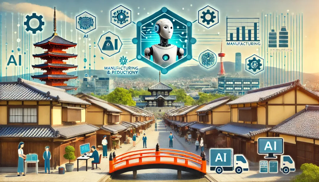 京都の伝統的な街並みを背景に、AI技術を活用して業務を効率化している中小企業の様子