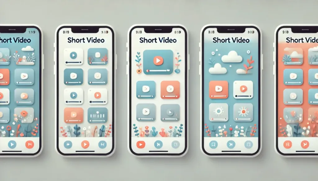 3台のスマートフォンが並び、それぞれ異なるショート動画プラットフォームのインターフェースを表示している