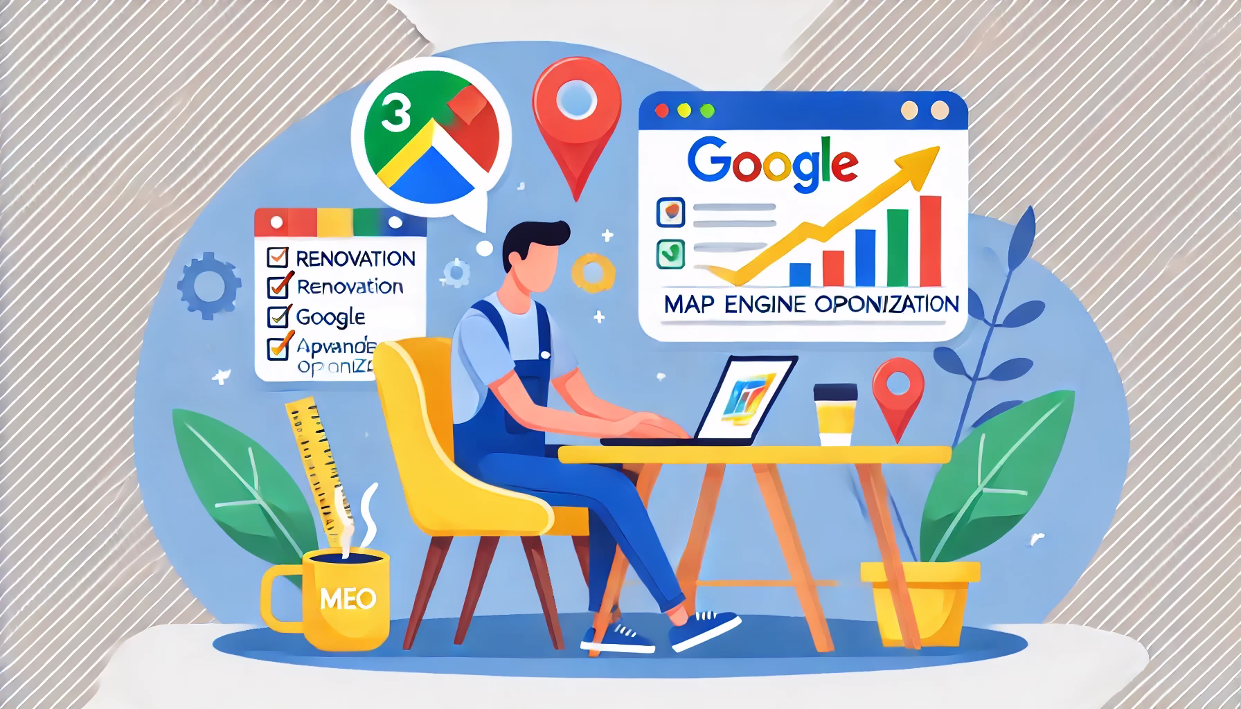 リフォーム会社のオーナーがGoogleマップを見ながらMEO対策を考えるシーン