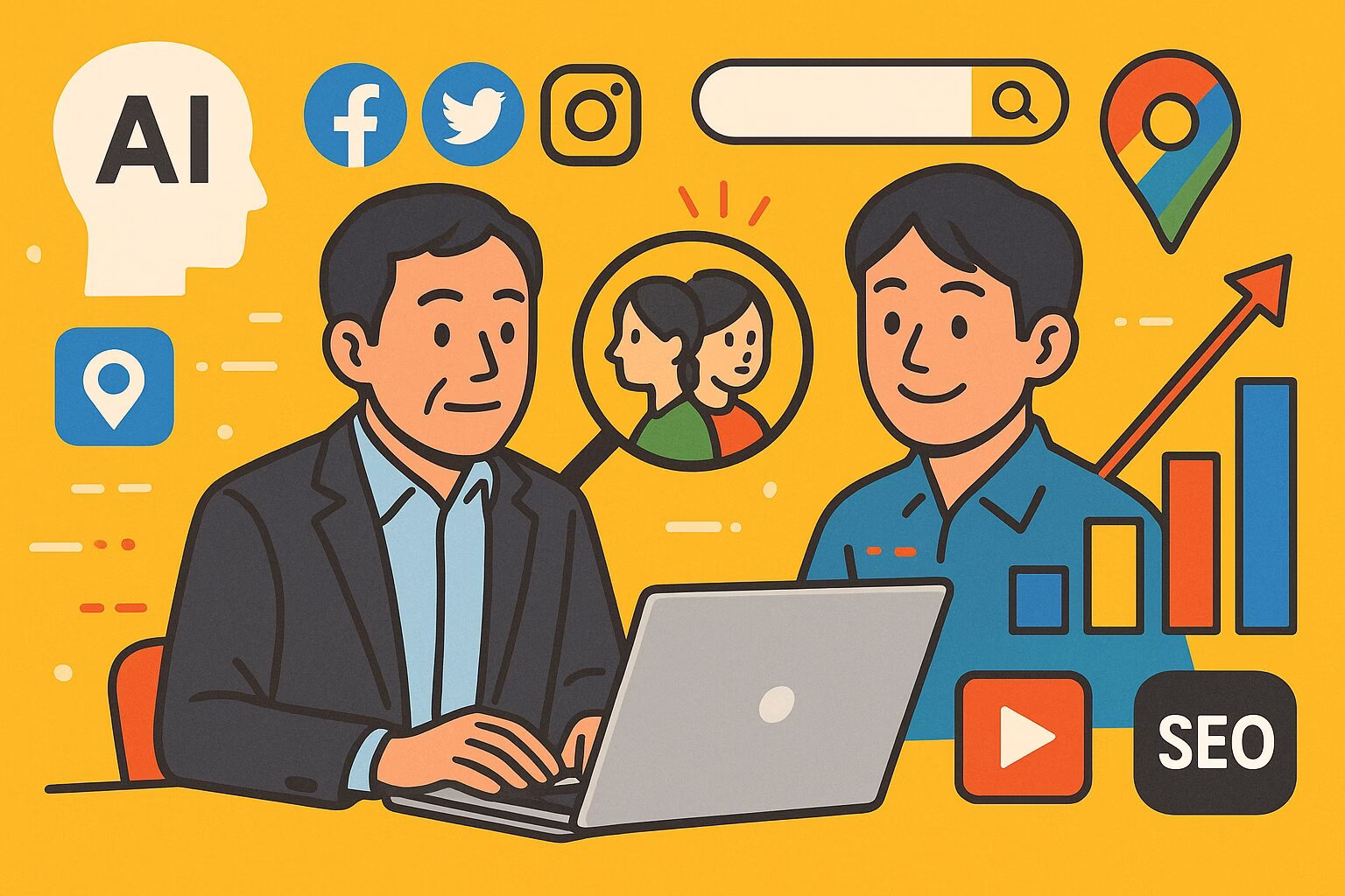 未来を見据える中小企業経営者が、ノートPCでWebマーケティング計画を立てている