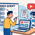 プロのYouTube台本家が大きなホワイトボードに動画構成を書き込み、横で生成AIロボットが台本案を提案している様子