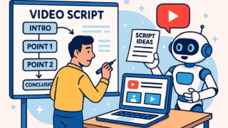 プロのYouTube台本家が大きなホワイトボードに動画構成を書き込み、横で生成AIロボットが台本案を提案している様子