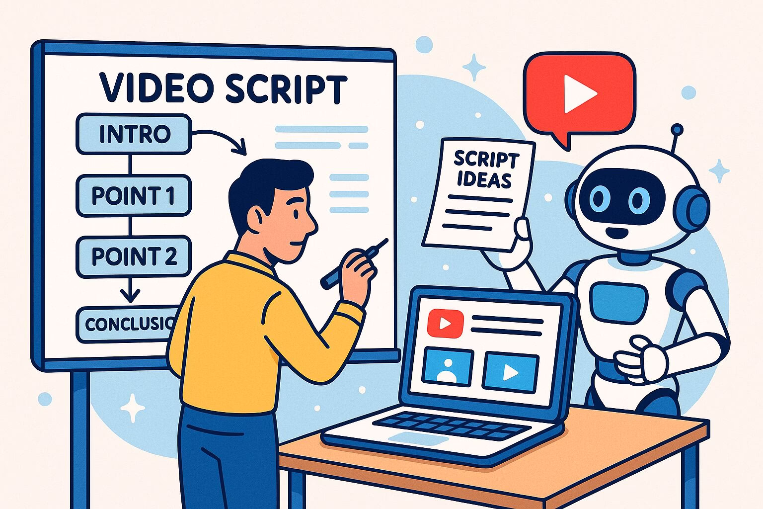 プロのYouTube台本家が大きなホワイトボードに動画構成を書き込み、横で生成AIロボットが台本案を提案している様子
