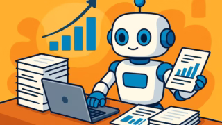 AIロボットがビジネス書類を自動で作成しているシーン。