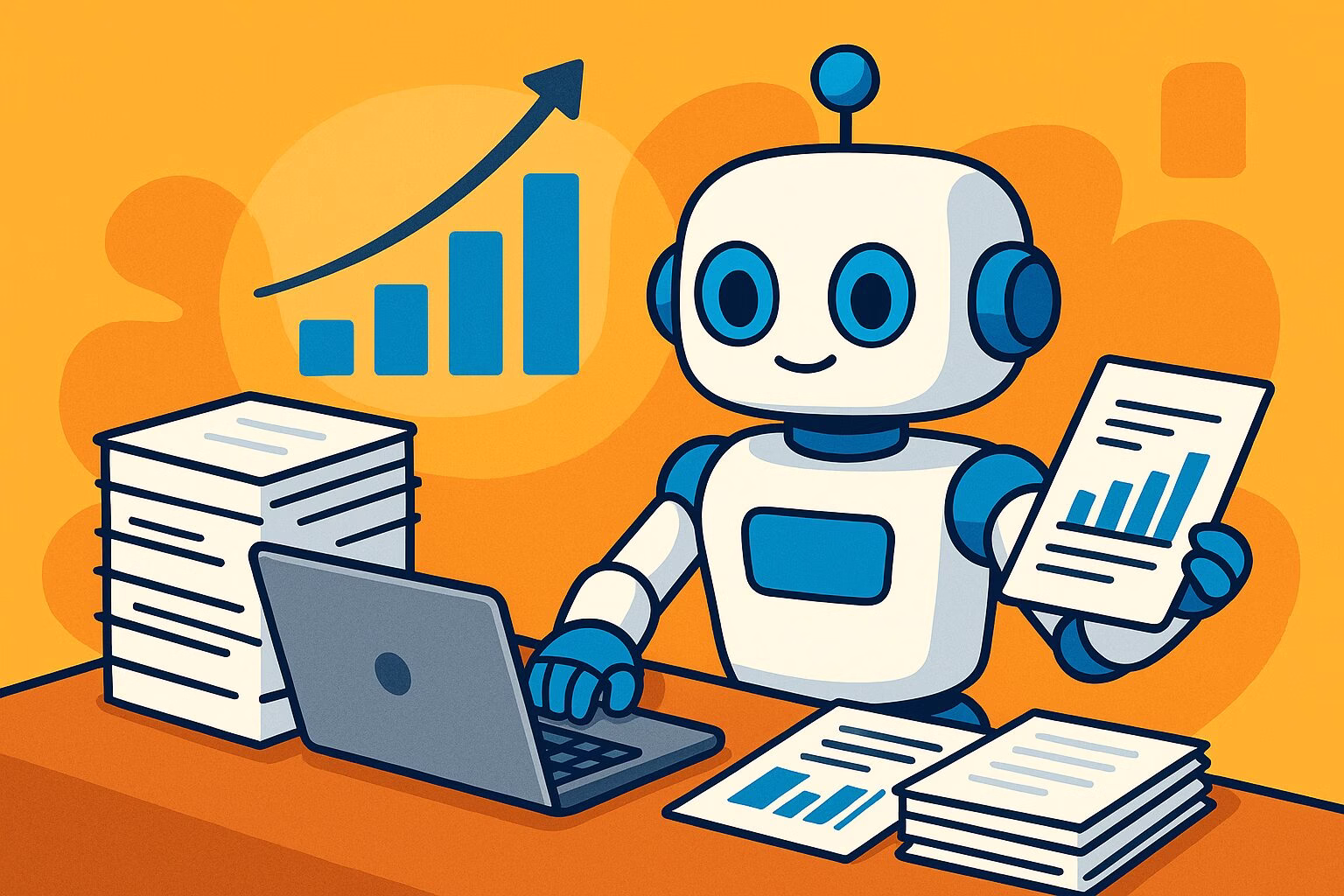 AIロボットがビジネス書類を自動で作成しているシーン。