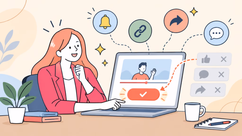 動画の終盤で視聴者に一つだけ明確な次の行動を案内する様子を示すイラスト