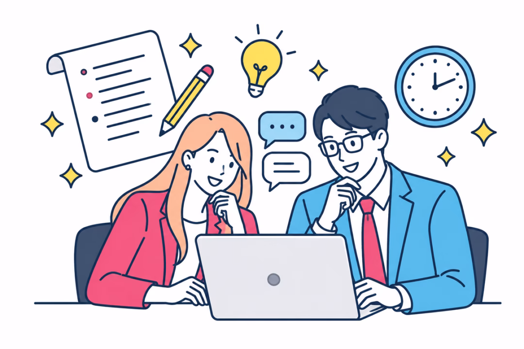 2人がノートパソコンを見ながら台本を一緒に考えているイラスト