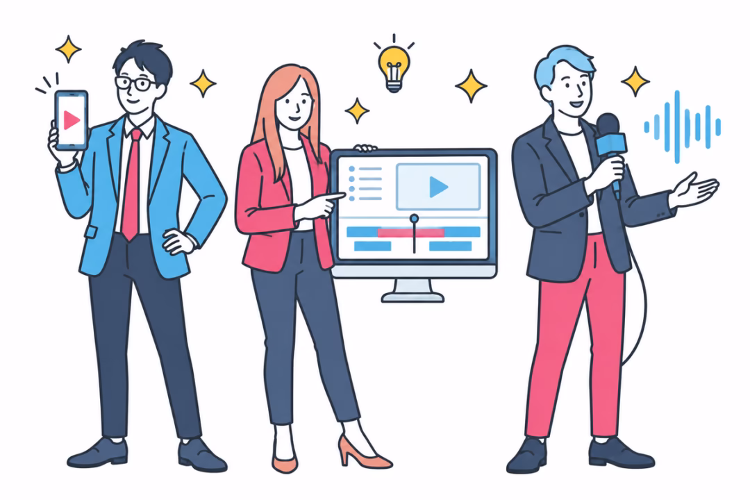ショート・長編・ナレーションを表す3人のイラスト
