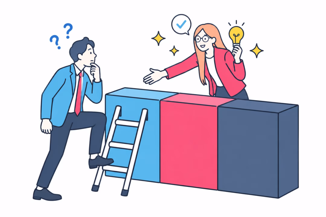 3つの壁の前で悩む人と、ヒントを出す人のイラスト