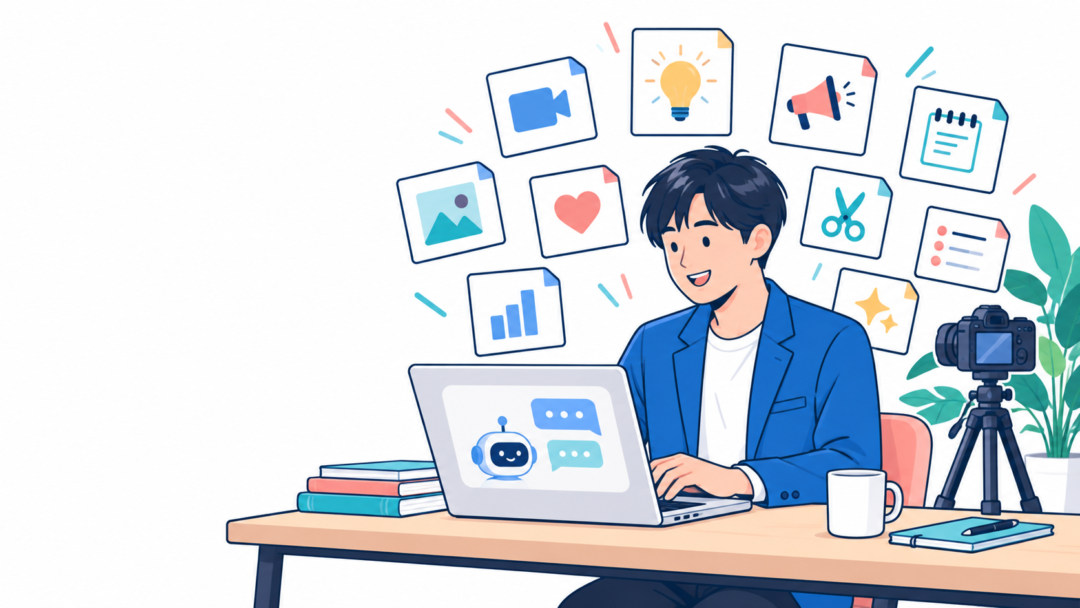 ノートパソコンでAIに指示を入力する男性の周りに、10種類の台本テンプレートが並んでいるイラスト