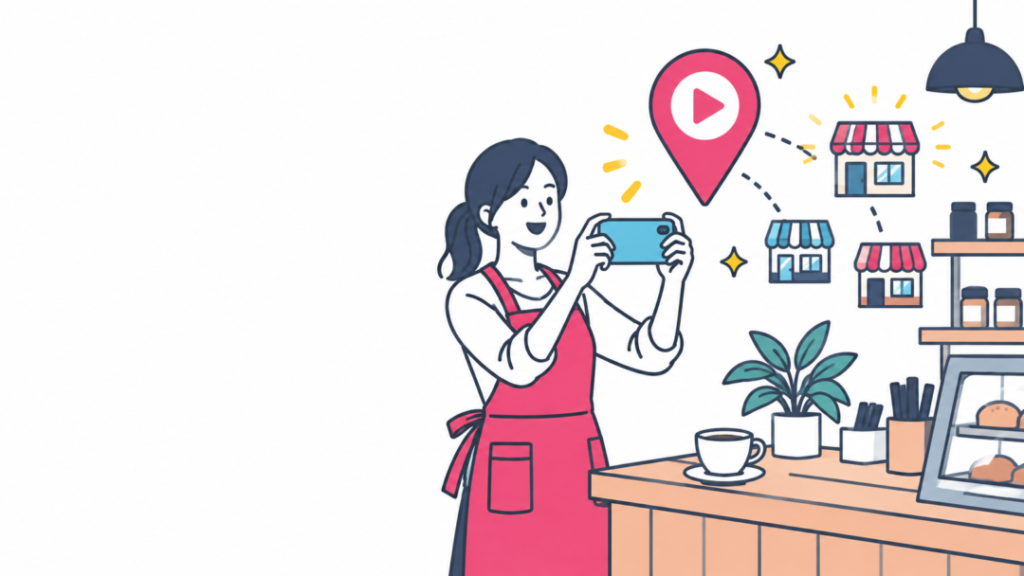 スマホで店内を撮影する店主の周りに、動画付きの地図ピンとお店のアイコンが並ぶイラスト