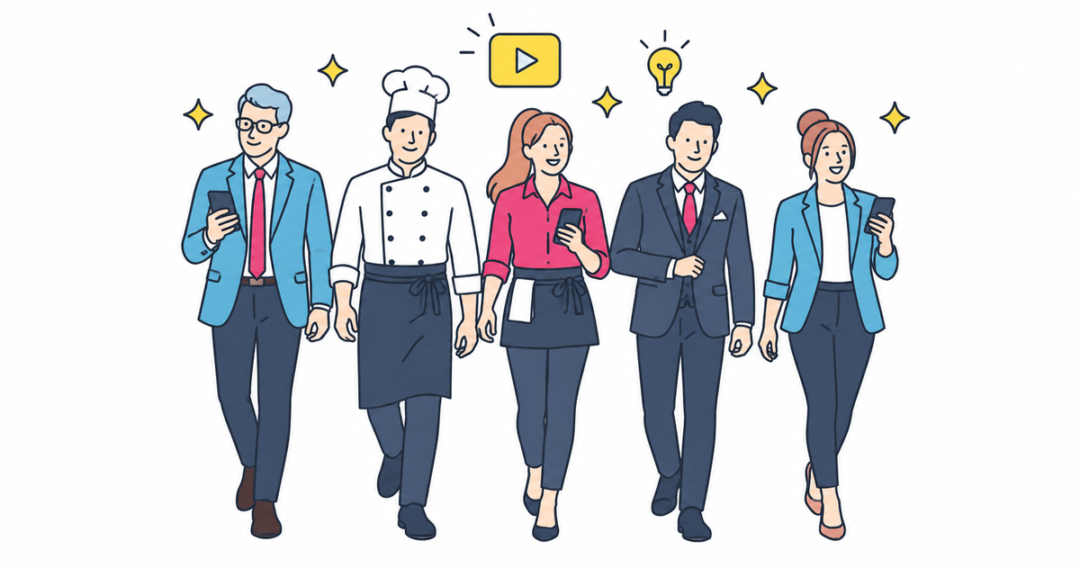 飲食店のオーナーやスタッフがスマホを手に並んで歩くイラスト