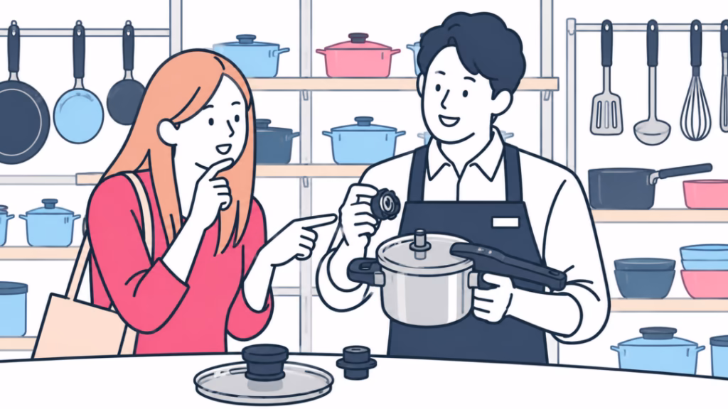 調理器具店で来店客の質問に店主が実物で説明している様子