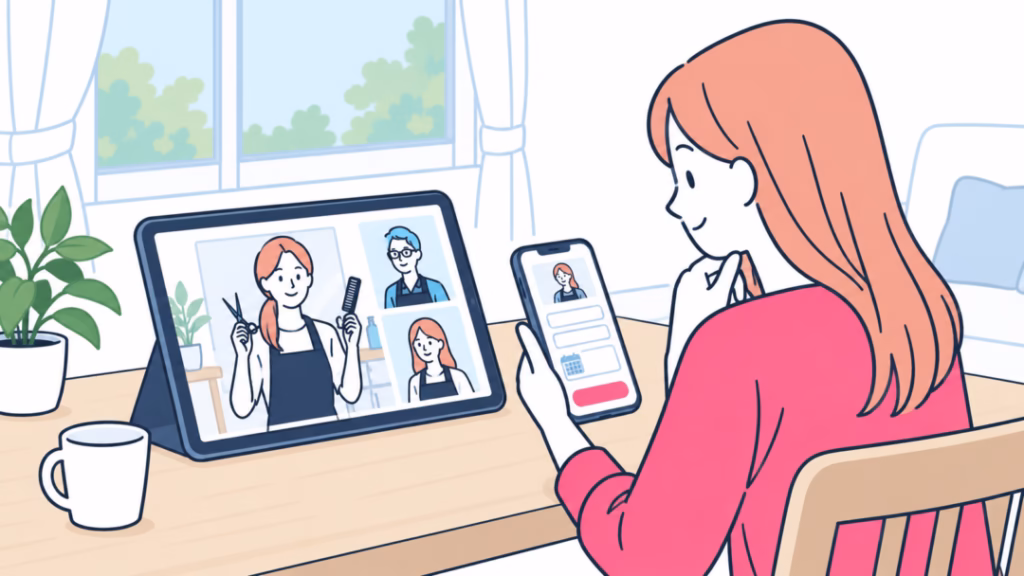 自宅でタブレットの説明動画を見ながらスマートフォンの予約画面を確認する女性