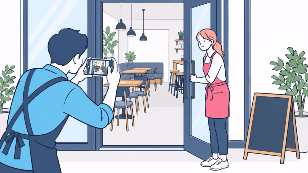 開店前のカフェで入口から店内をスマートフォンで撮影する様子