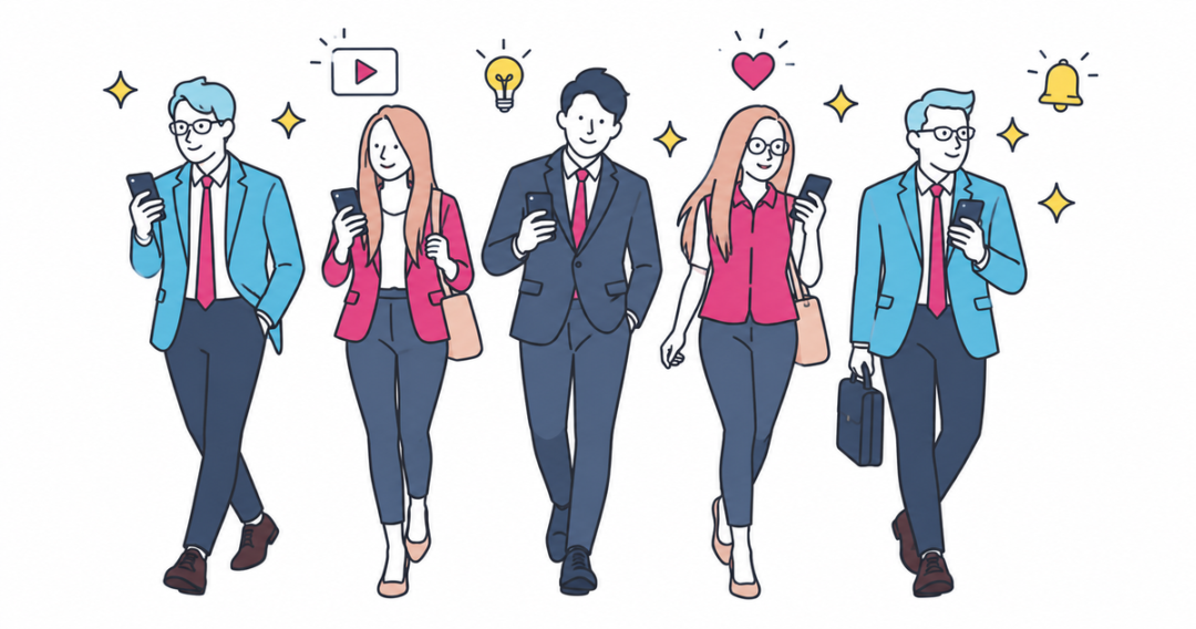 視聴者やクリエイターがスマホを手に並んで歩くイラスト