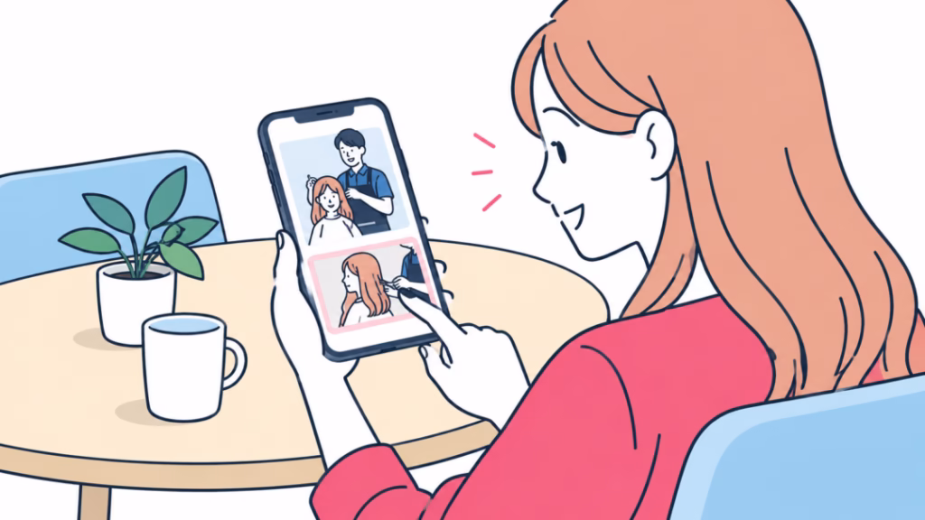 自宅でスマートフォンの動画から美容室の情報を確認する女性