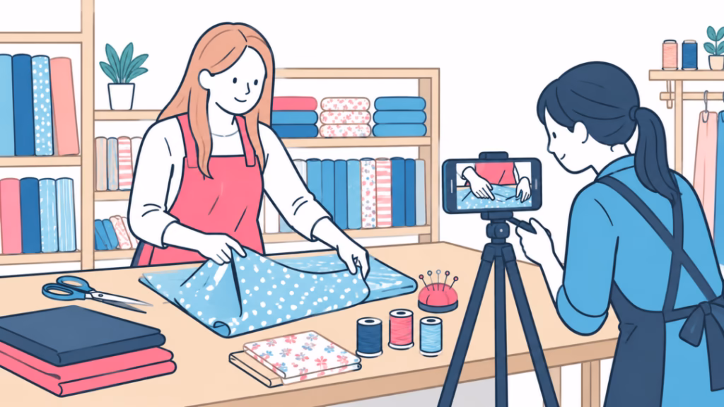 手芸店の店主が布の扱い方を実演し、スタッフがスマートフォンで撮影している様子