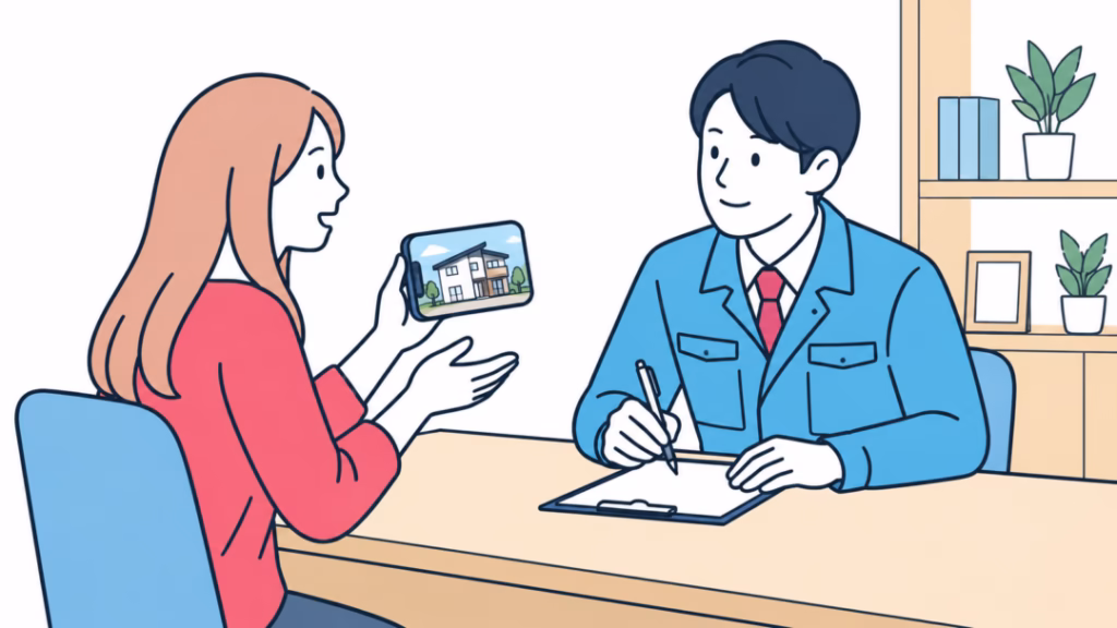 工務店の受付で来店客が動画を見せ、スタッフが記録している様子